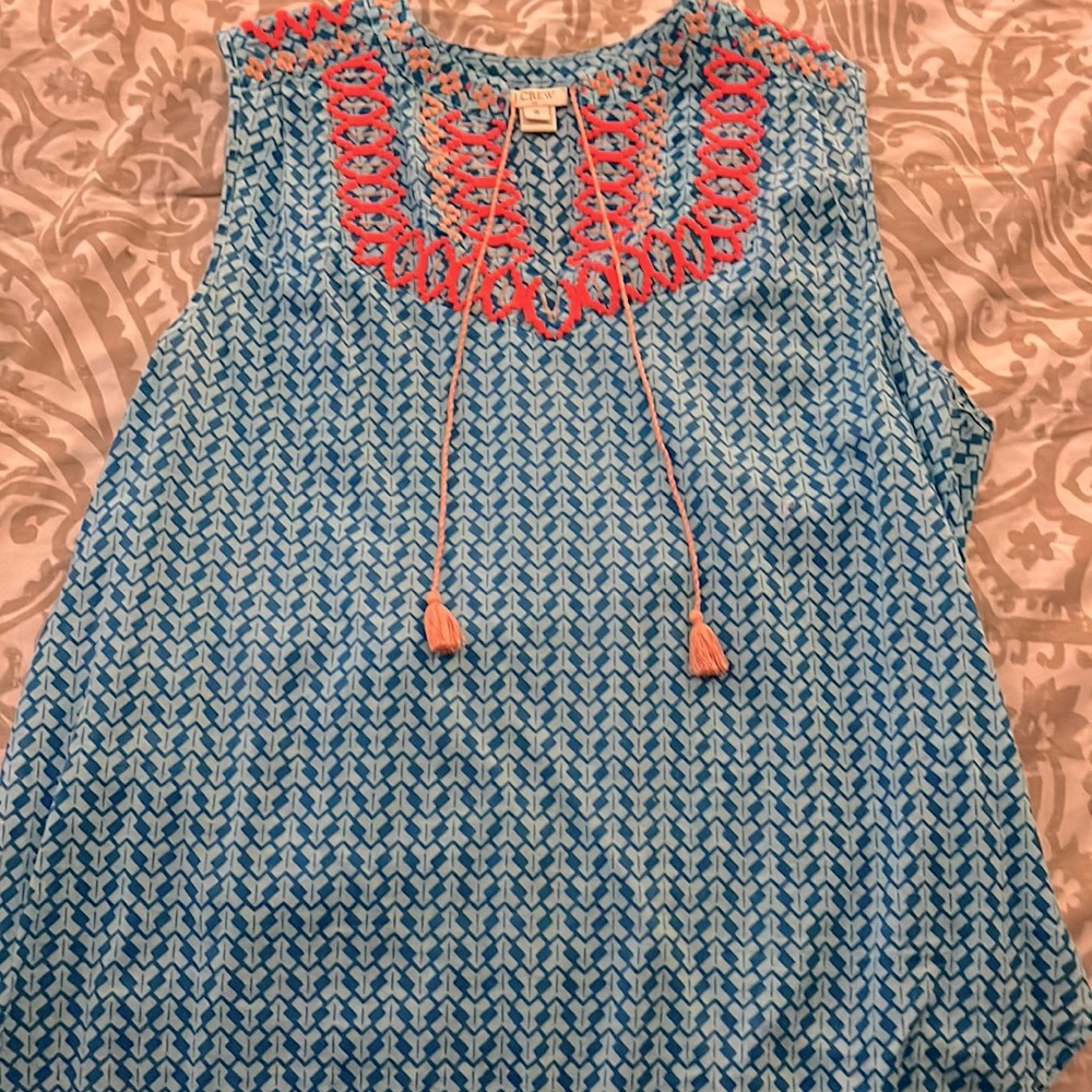 JCrew Embroidered Blue and Neon Pink Top